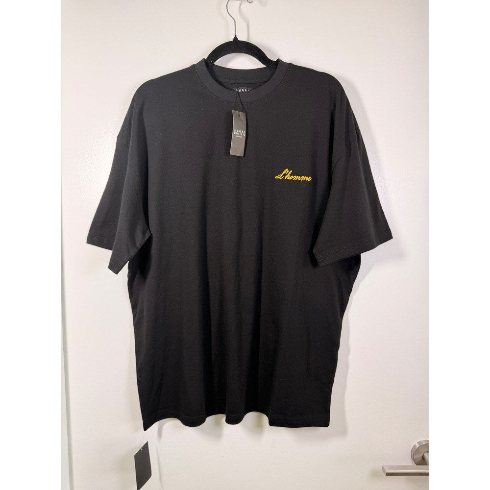 boohooMAN TShirt Men M Black Oversized L'homme Embroidered Streetwear minimalist
